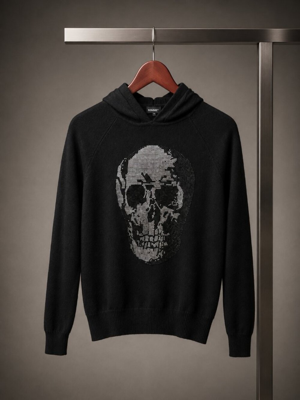 Minnie Rose Rhinestone Skull Hooded Sweater Black Cotton Silk Blend XS